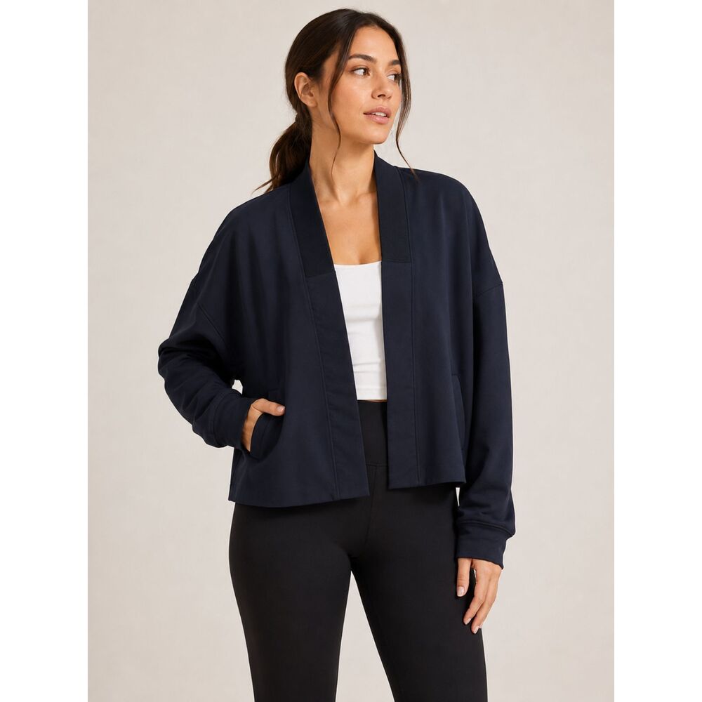 Vaara Jacket Womens Large Cropped Navy Minimalist Open Front Athleisure Luxury